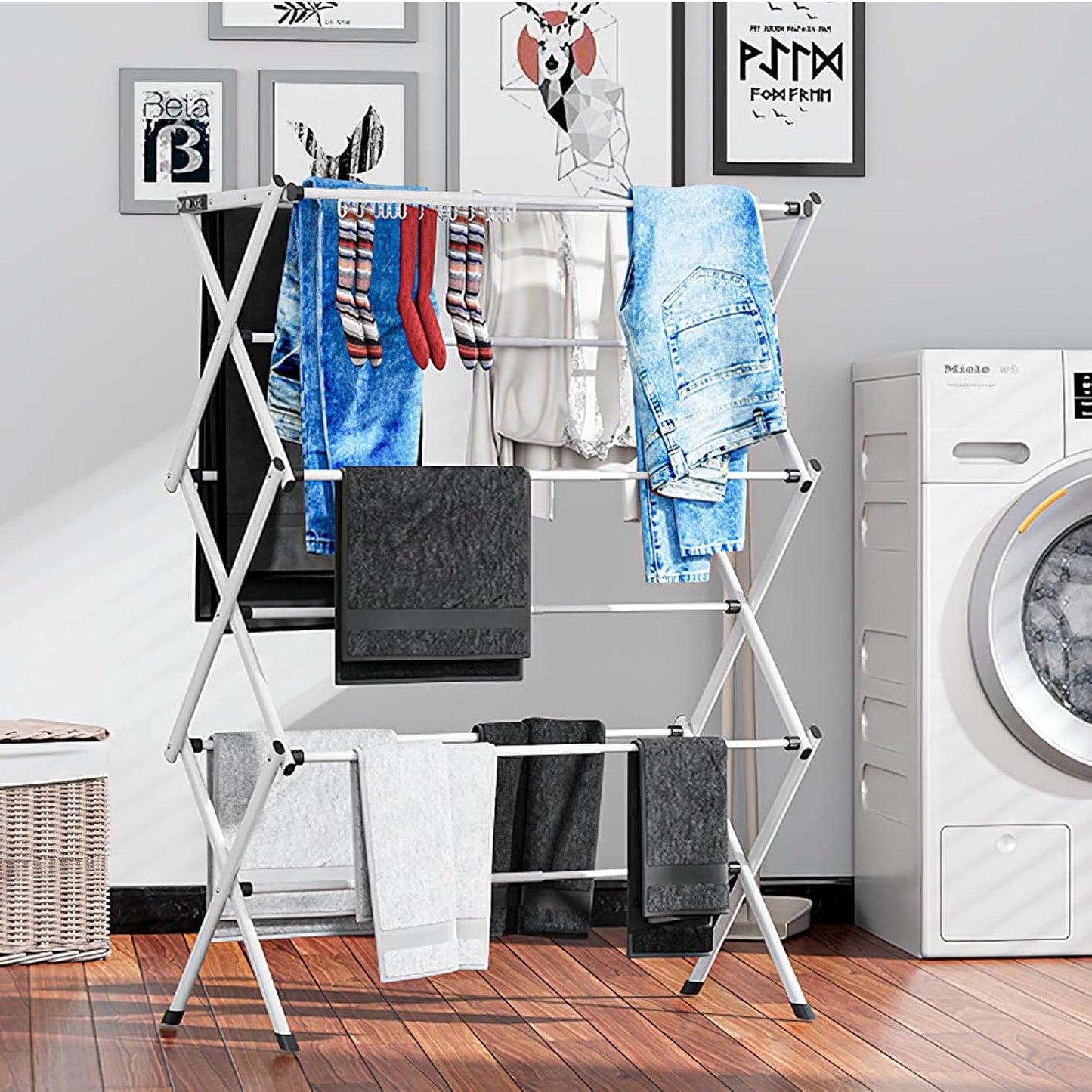 3 Tier Clothes Drying Rack,Foldable & Portable Clothing Drying Rack,Space-Saving Design, Indoor & Outdoor Laundry Rack for Drying Clothes,Metal Dryer Rack-White+Black