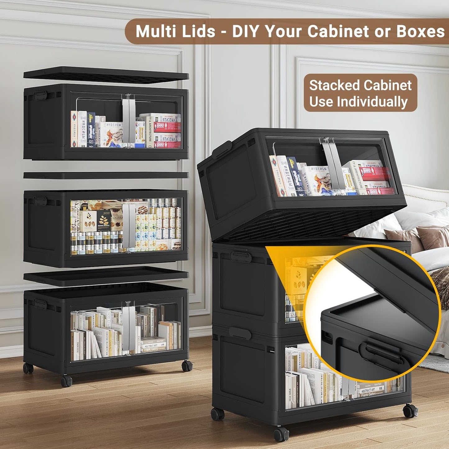 BROVIEW 800QT Stackable Storage Bins with Lids, 200Gal Extra Large Collapsible Storage Box with Wheel, Plastic Storages with Clear Door Open Front for Home Kitchen Garage, Black-5pack(5 lids)