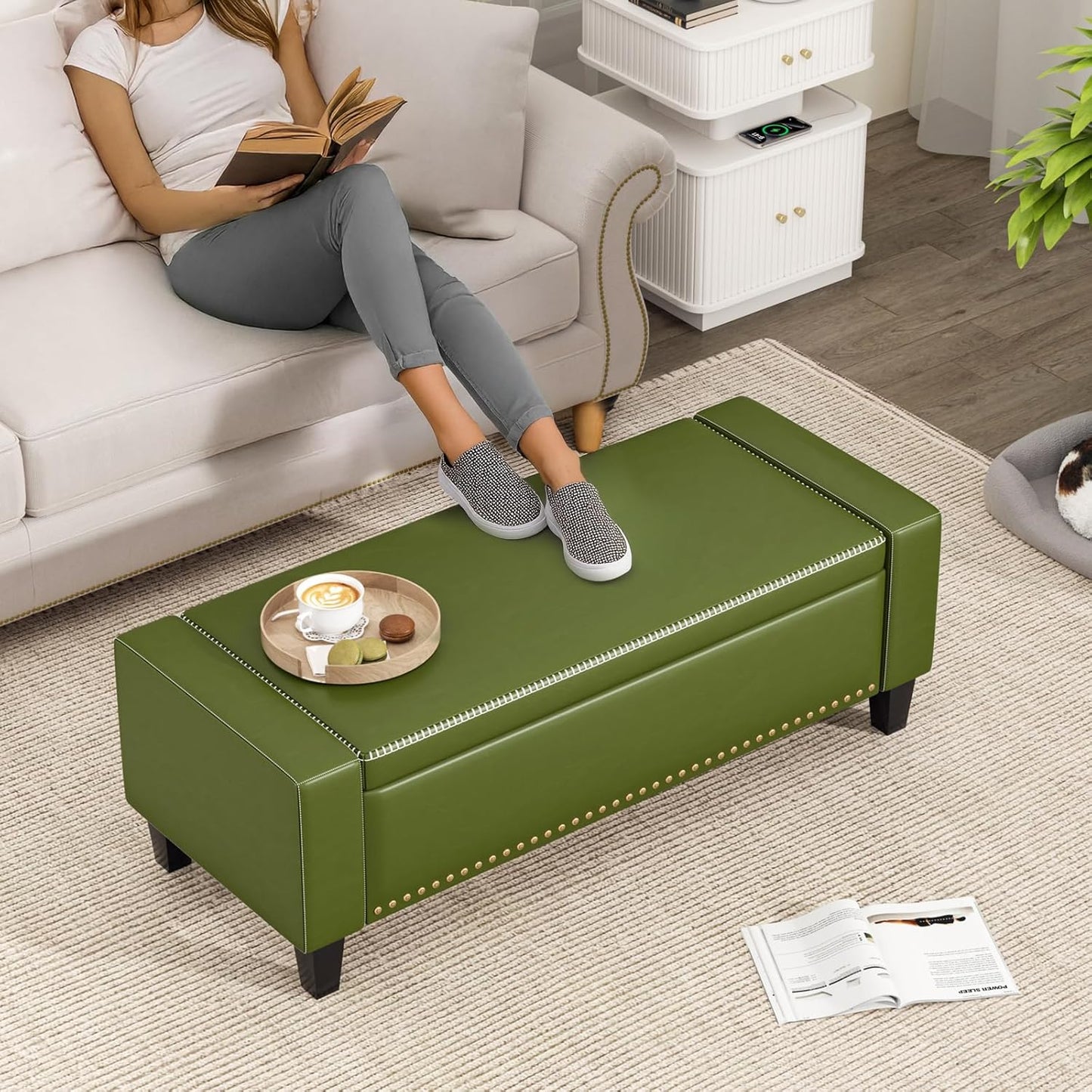48.8" Storage Ottoman Bench Green | Faux Leather Bedroom Bench with Lift Top for Living Room & Bed End