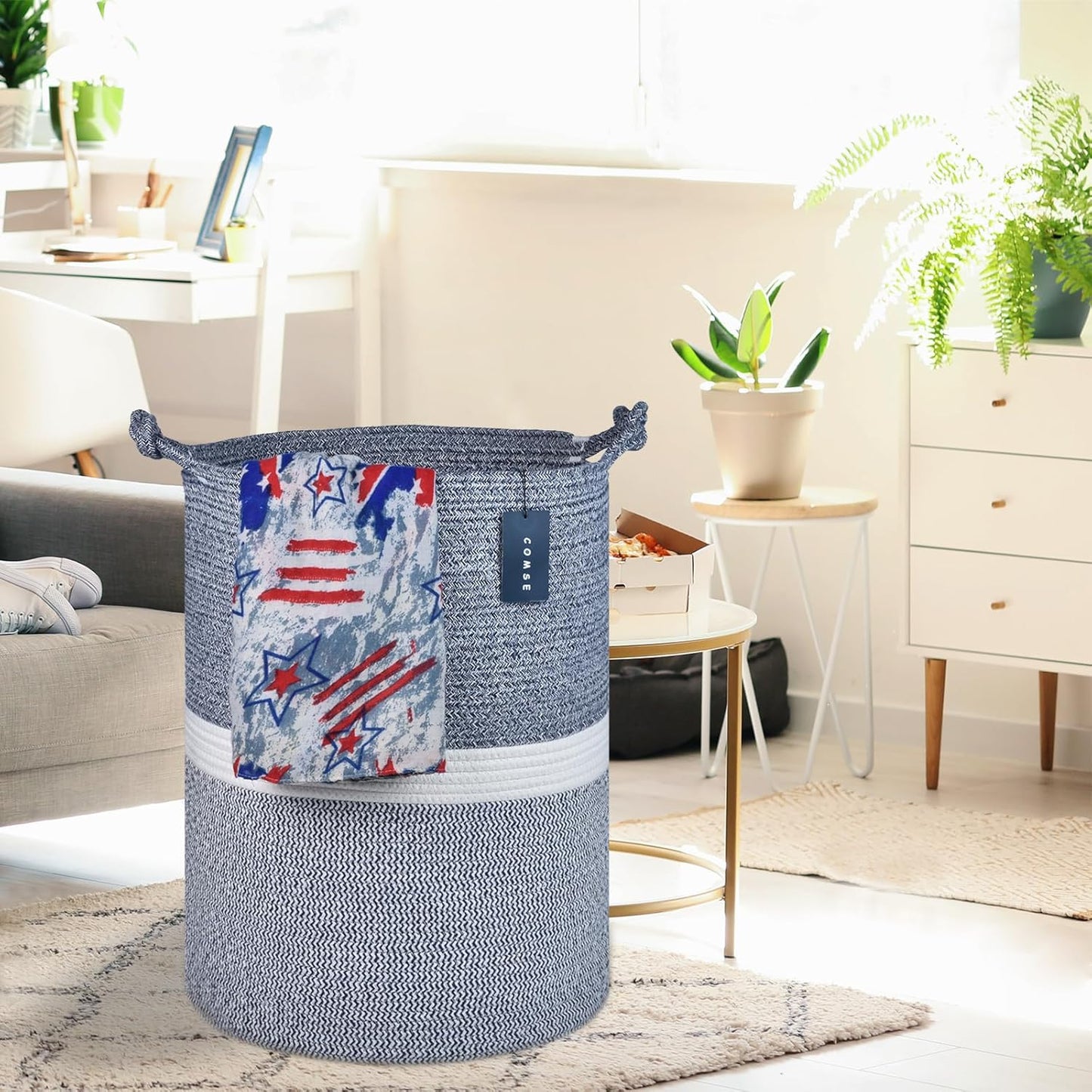 COMSE Extra Large Blanket Basket, Tall Woven Storage Basket, Nursery Hamper, 15.7”x 21.7”, Cotton Rope Laundry Hamper for Toys Clothes Towels, Blend Navy Blue/White