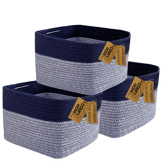 COMFY-HOMI 3PACK Rectangular Cotton Rope Basket With Handles for Shelves|Dog Toy|Baby Gift - Dark Blue (13.5" x 11" x 9.5")