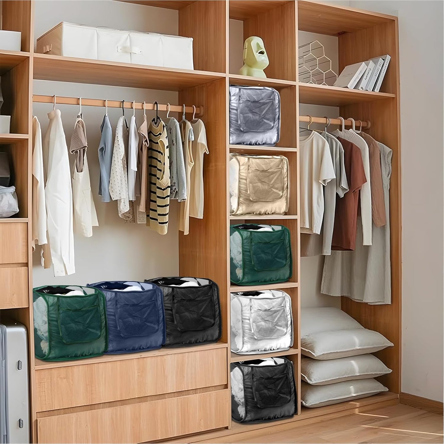 4 Pack Closet Storage Bins, Storage Containers for Closets, Fabric Closet Bins for StorageDecorative ,Collapsible Baskets for Organizing Clothes Toy Nursery (Black/Blue/Beige/Gray)