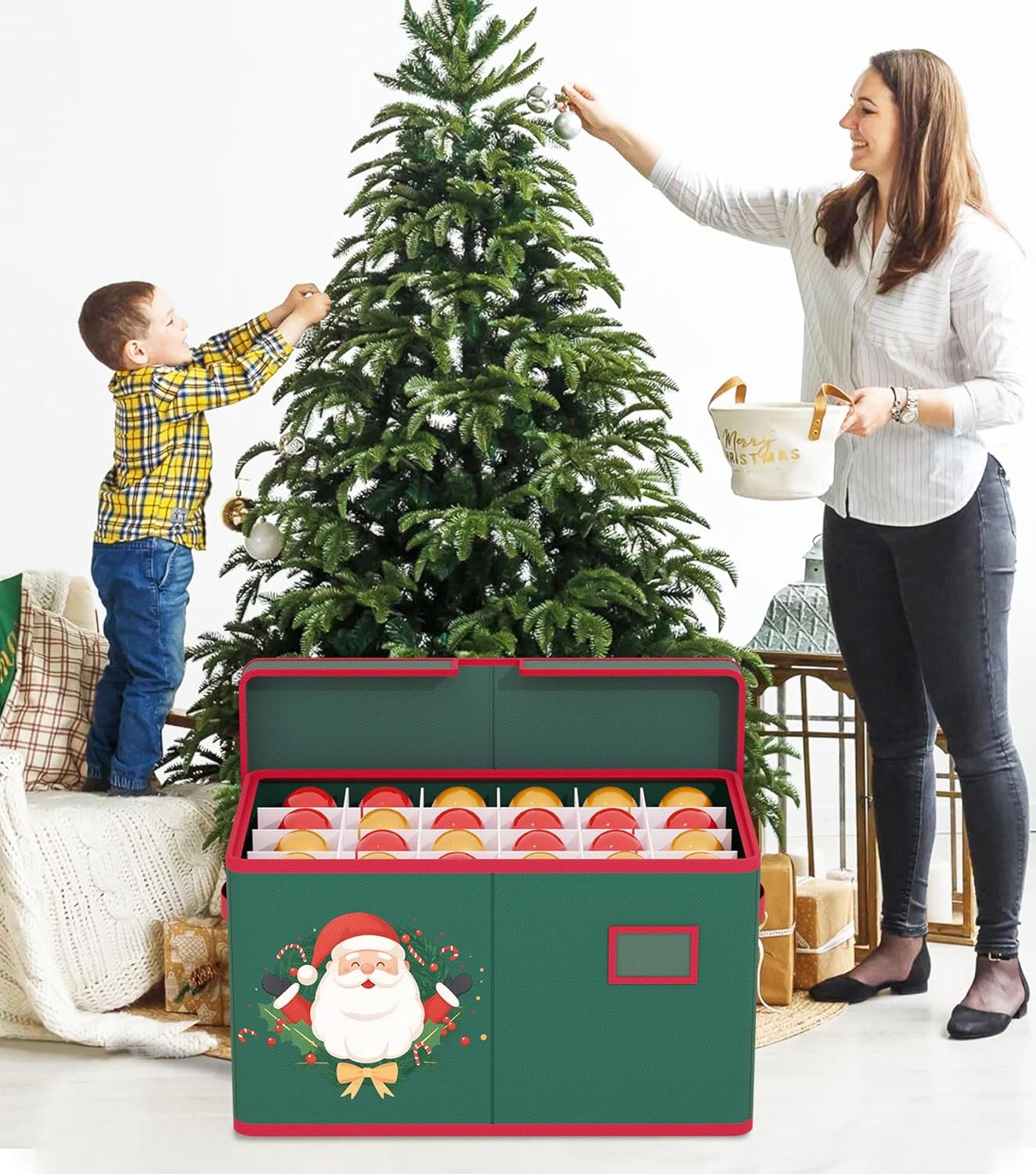 Christmas Ornament Storage Box Christmas Ornament Organizer Storage with Adjustable Dividers Fit 96 of 3 Inch 600D Oxford Fabric Ornaments Storage Container for Holiday Decorations