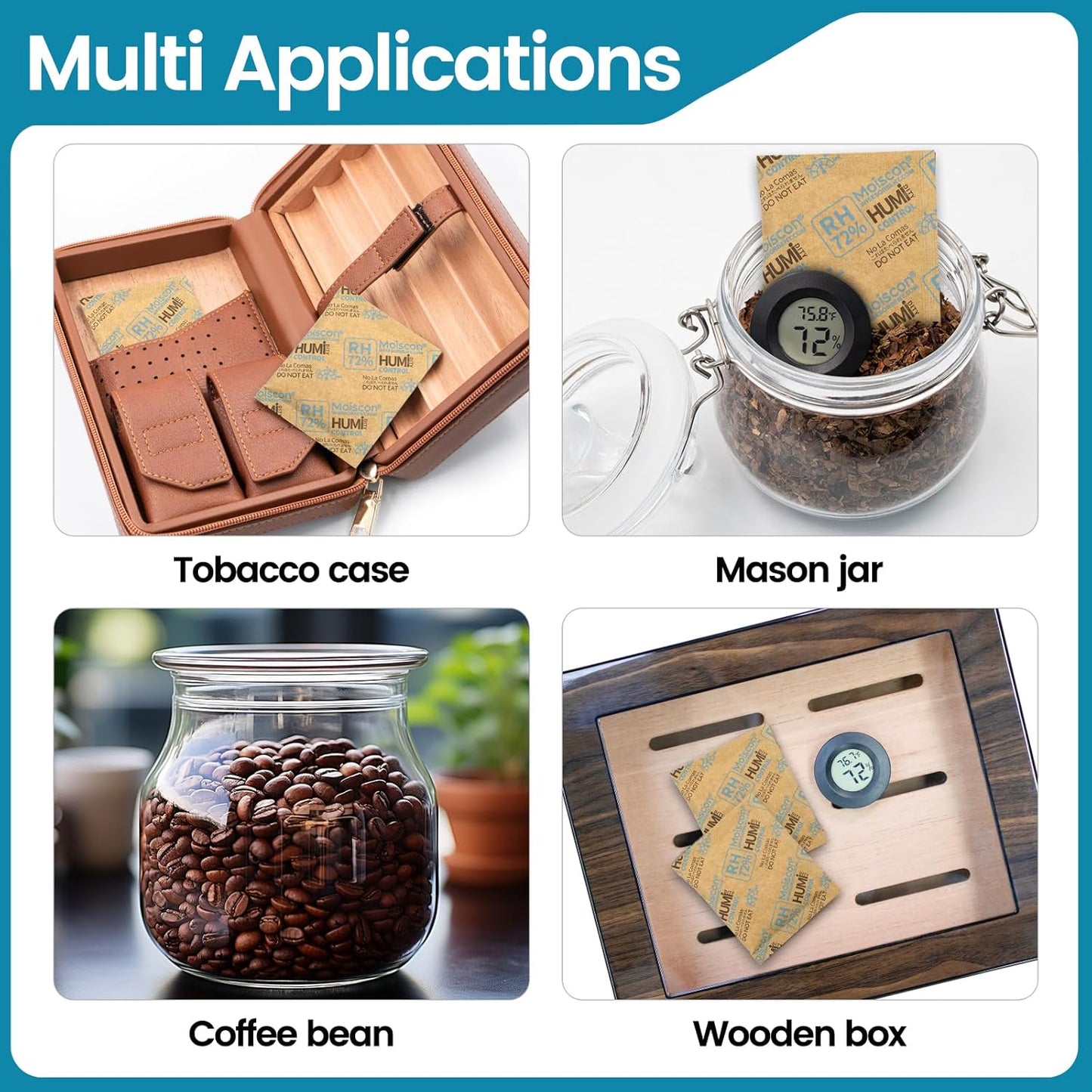 72% Two-Way Humidity Control Packs- 8 Gram Moisture Absorbers for Herbs, Wood Humidifier Boxes - Natural Craft Paper Design, Individually Sealed Packets, Prevents Leaks [90 Pack]