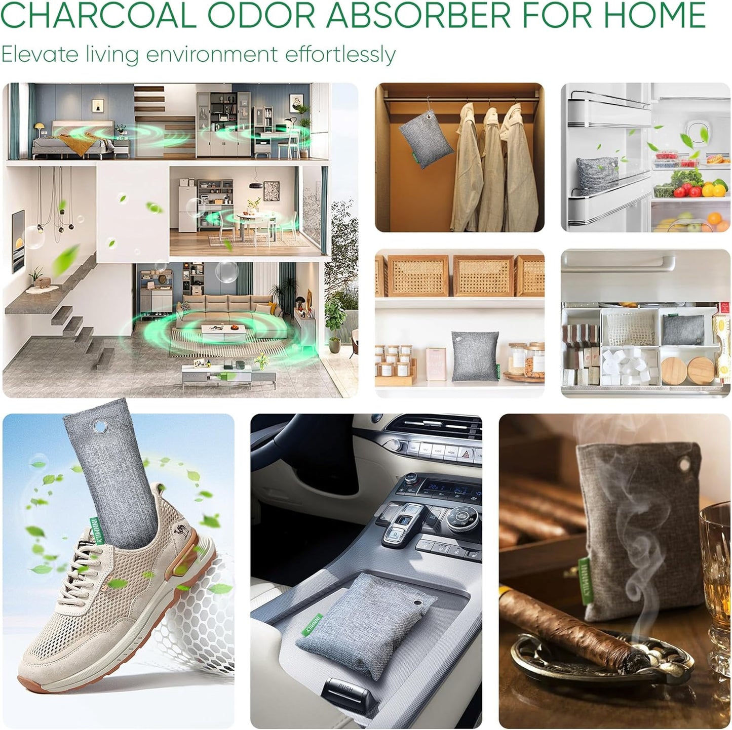 Activated Charcoal Odor Absorber,Large 4x200g w Hooks Nature Odor Eliminator for Strong Odor,Bamboo Charcoal Air Purifying Bags,Moisture Absorbers for Fresh Home Car Closet Pet,Smoke Smell Deodorizer