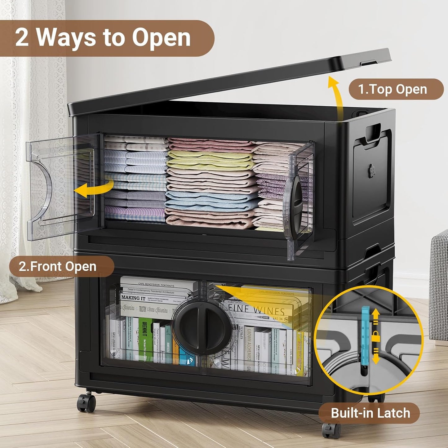 BROVIEW 360Qt Lockable Stackable Storage Bins with Lids, Closet Organizers and Storage Drawer, Collapsible Storage Bin with Wheels, Plastic Cabinet for Toy Clothes Dorm Organizer, V9 3 Pack Black