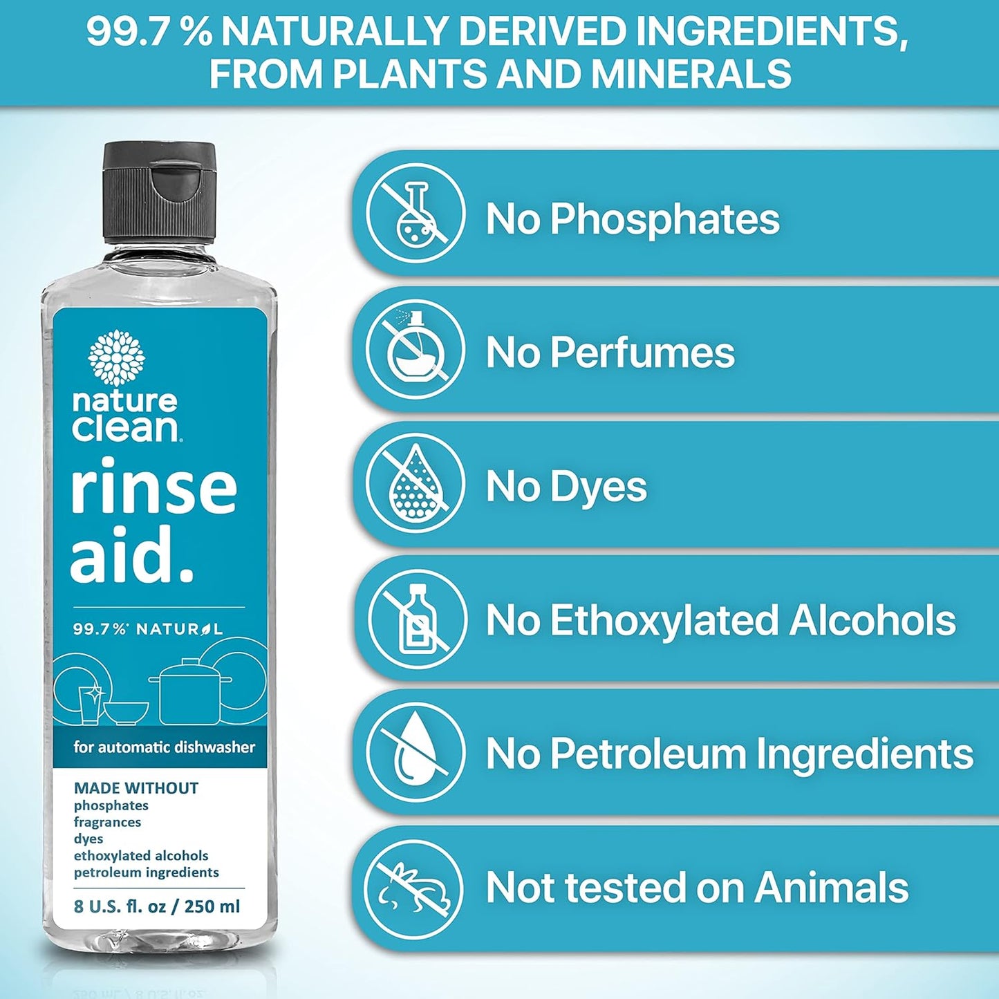 Nature Clean Natural Dishwasher Rinse Aid Liquid, Plant-Based Dishwasher Drying Agent with 99.7% Natural Ingredients, Unbelievable Power and No Nasty Chemicals. Hard Water Stain Remover. 8 oz 2-pack