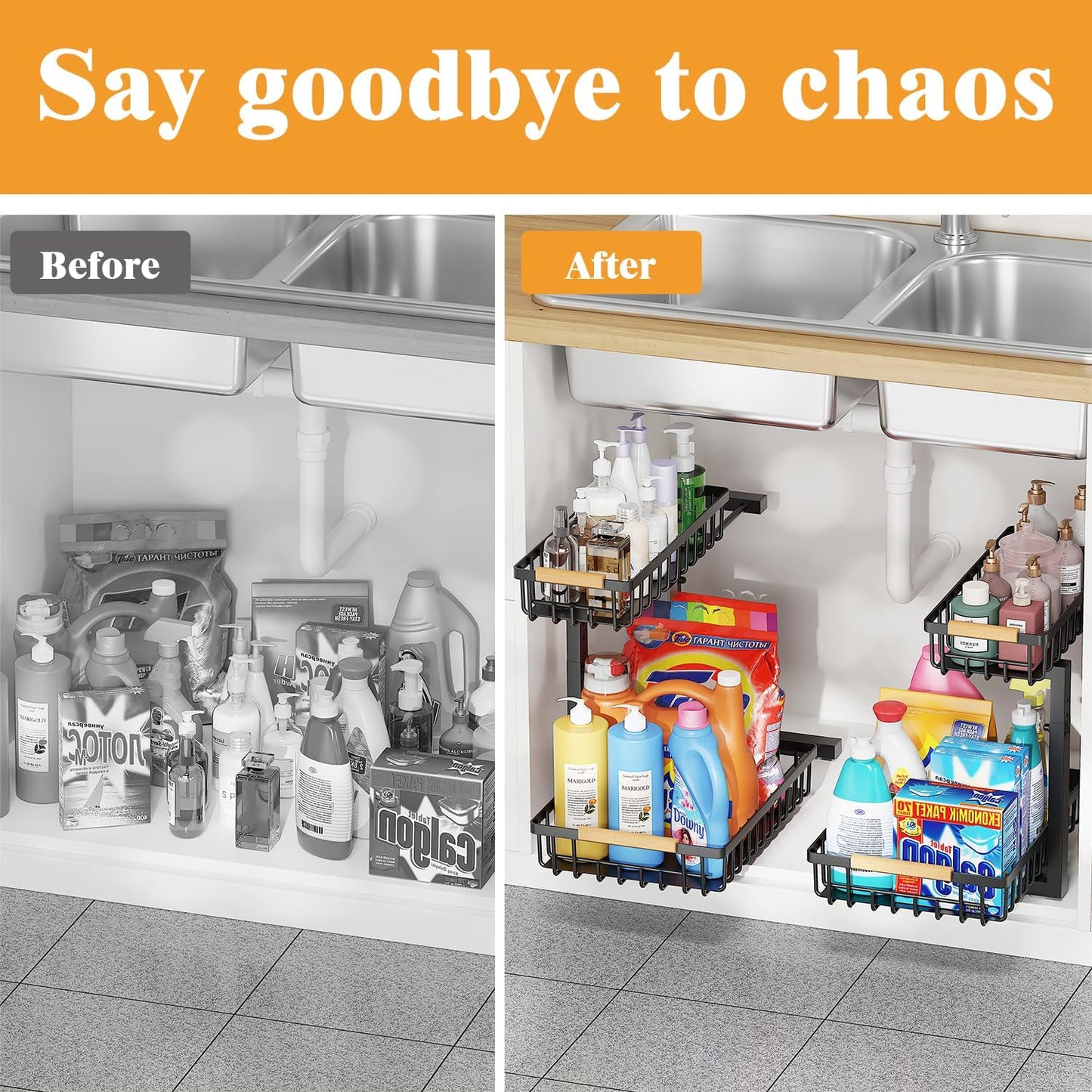 2-Tier Slide Out Under Sink Organizer – 2-Tier Pull-Out Storage Rack, Bathroom organizers and storage for Kitchen and Bathroom, Space-Saving Cabinet Organizer, Rustproof,（Black)(2 Pack)