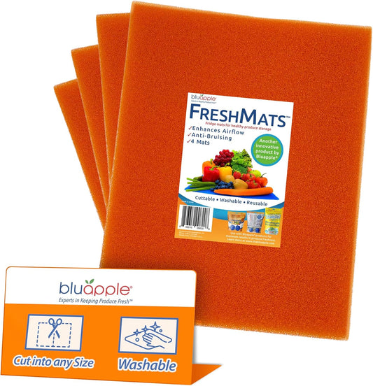 Bluapple FreshMats, Refrigerator Bin Liner, Fridge Drawer Mats, Crisper Life Extender Liner Keeps Produce Fresh Longer, Anti-Bruising, for Air Circulation, Washable & Reusable (4-Mats, 12x15, Orange)