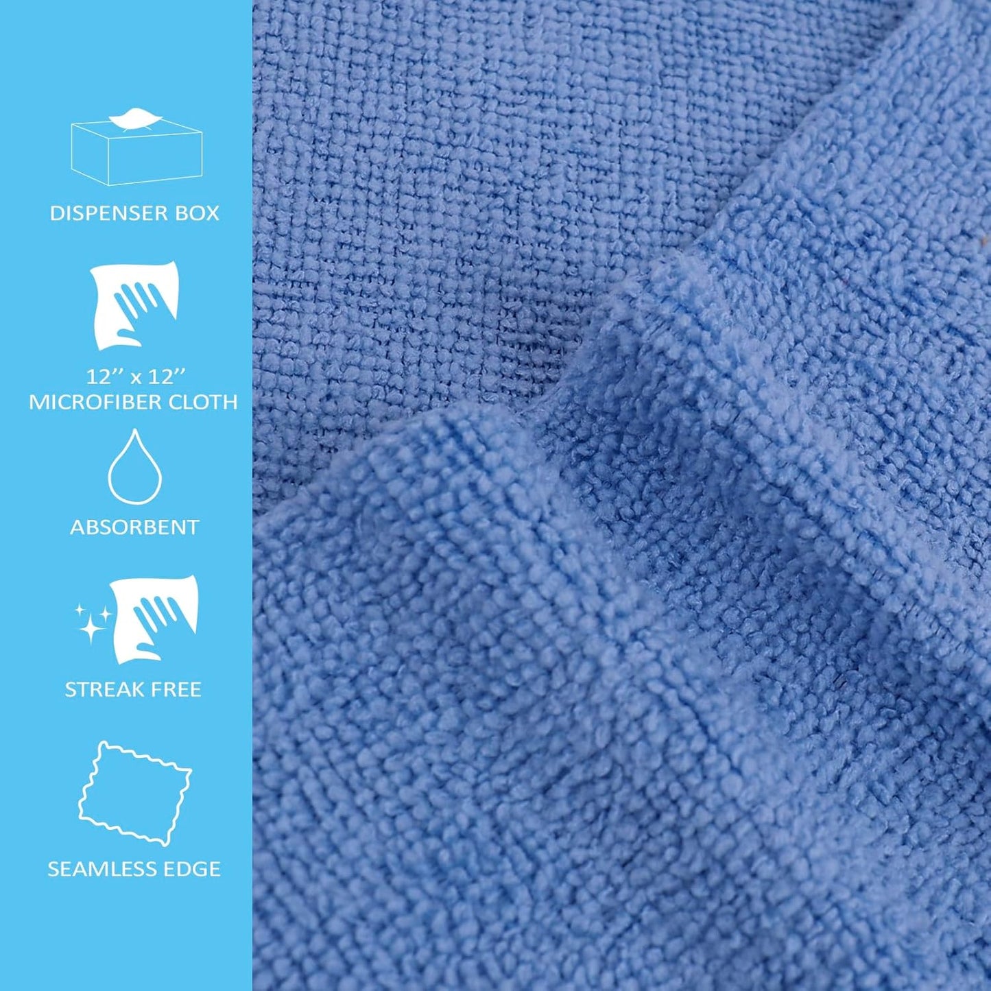 Tricol Clean Profesional Resuable Lint Free Microfiber Edgeless Cleaning Cloth 50PK Cleaning Rags,Absorbent Microfiber Wipes in Dispenser Box for Housekeeping, Car Cleaning (12 * 12 Inches) (blue1)