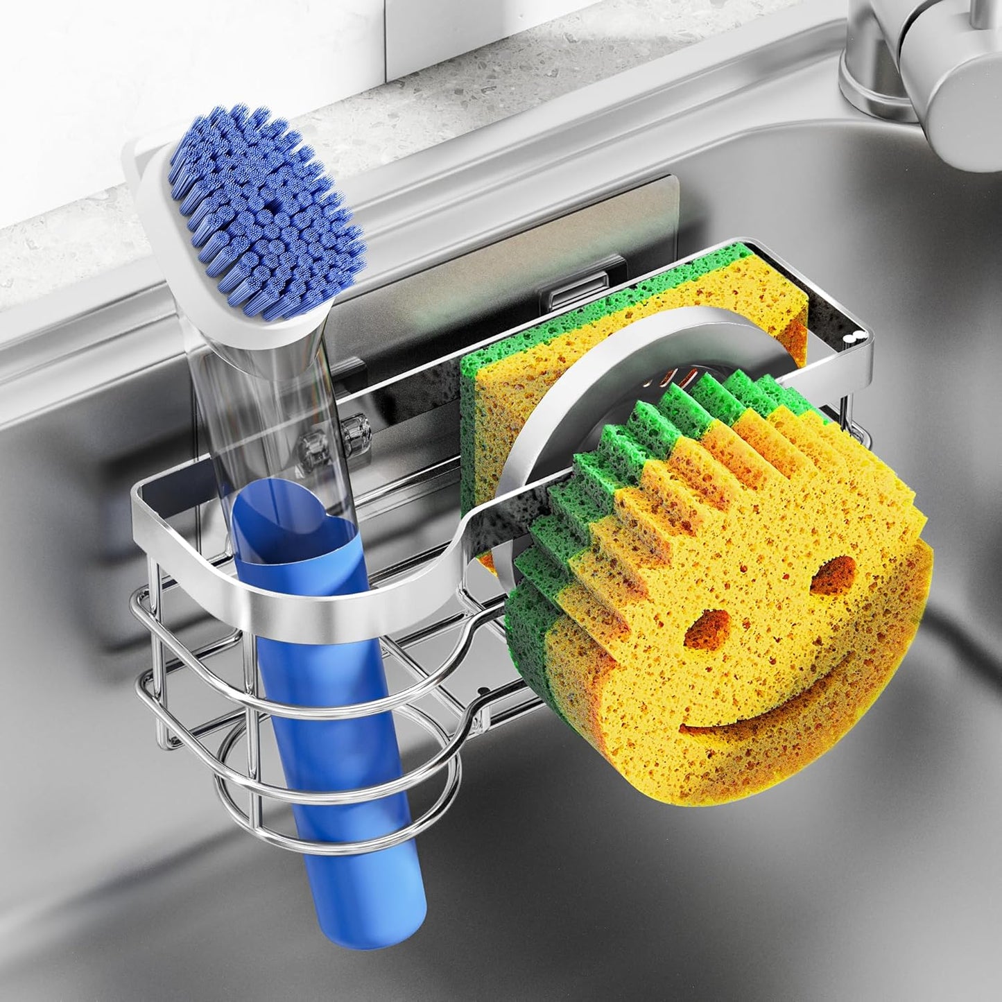 Cisily Smiley Sponge Holder for Kitchen Sink Caddy, Stainless Steel Movable Brush Holder Dish Cloth Hanger, Suction Cup Sink Caddy Organizer Scrubber Accessories (Silver)