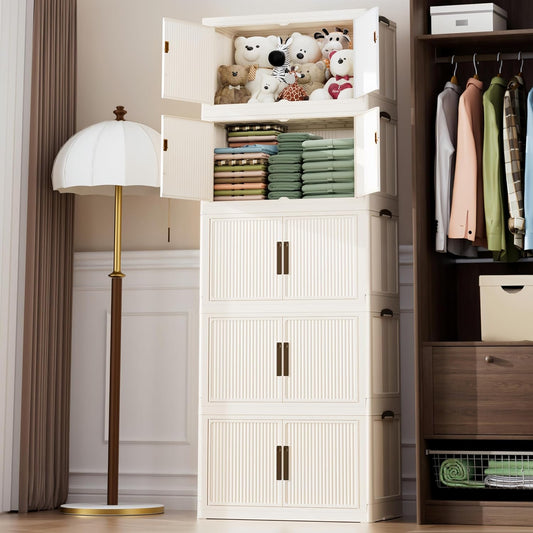 520QT/130GAL Stackable Storage Bins with 1 lid Storage Closet Organizers and Drawer Foldable Storage Bins Container with door Collapsible Storage Box for Home Office Dorm Room(104Qt X 5),White