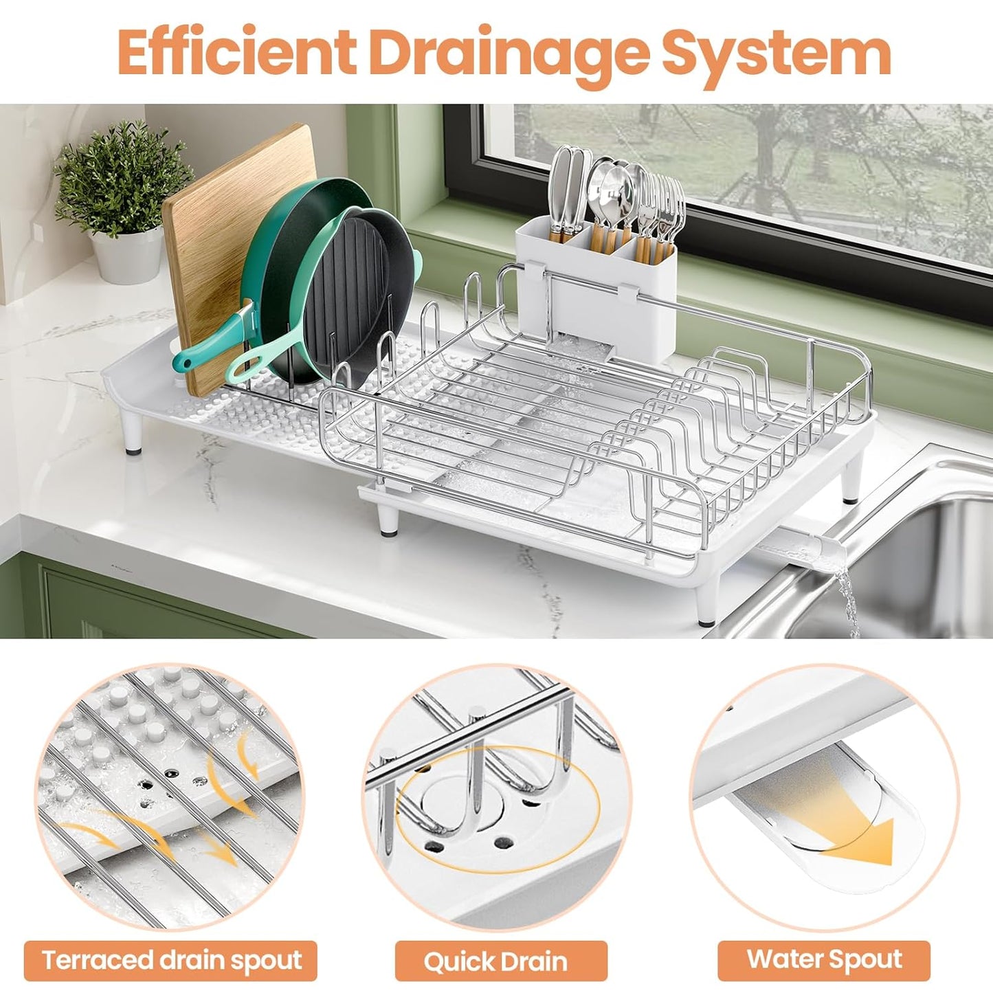 Expandable Dish Drying Rack, Foldable Dish Rack for Kitchen Counter, Stainless Steel Collapsible Dish Drainer Racks with Cutlery Holder, White