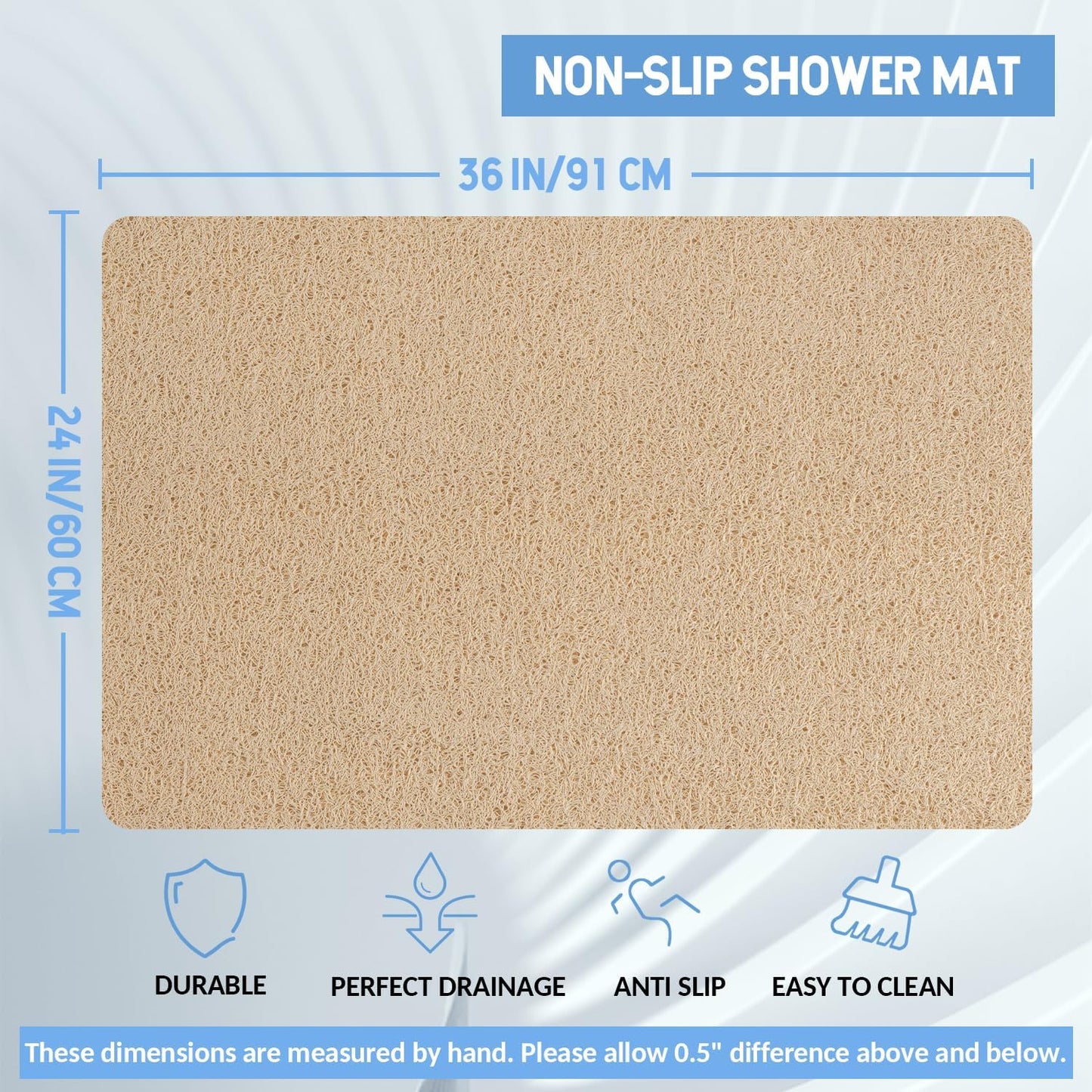 Non-Slip Bathtub Mat, Anti Slip Shower Mat, Fast Drying Bathtub Mats, Foot Scrubber Mat, Anti Slip Mat for Tub, Floor, Bathroom, Kitchen, Home, Hotel (Beige 36"×24")