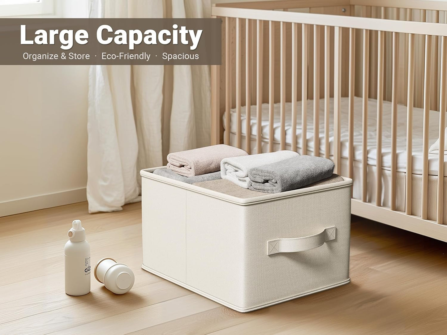 3 Pack Fabric Storage Bins for Shelves | 16.25x12x10in Closet | Collapsible Bins for Organization | Linen Clothes Storage Bins | White & Ivory