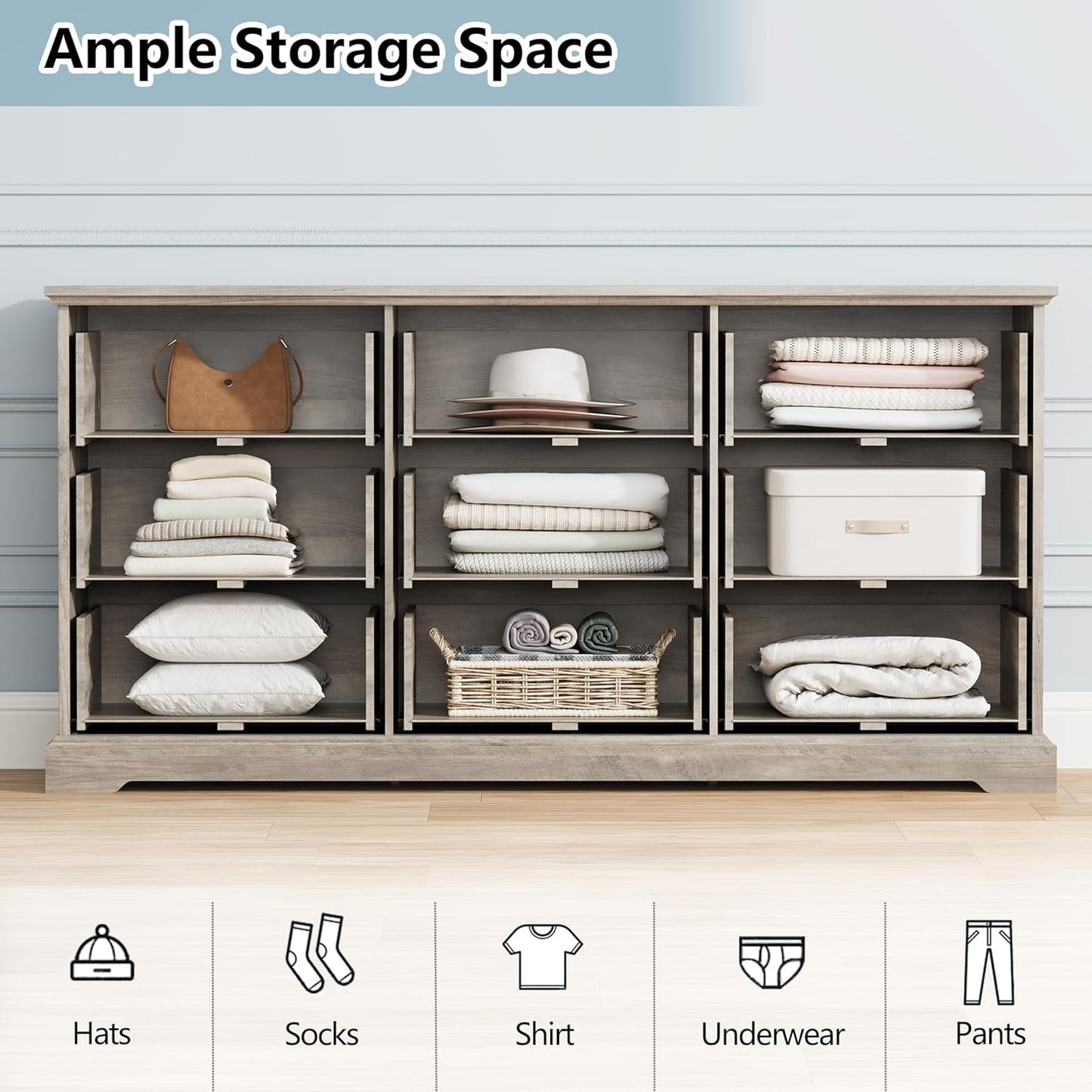 9 Drawer Dresser for Bedroom, 63" Wide Wooden Chest of Drawers, Rustic Farmhouse Dresser with Large Drawers & Metal Handles, Modern Storage Organizer for Closet, Living Room, Hallway, Grey