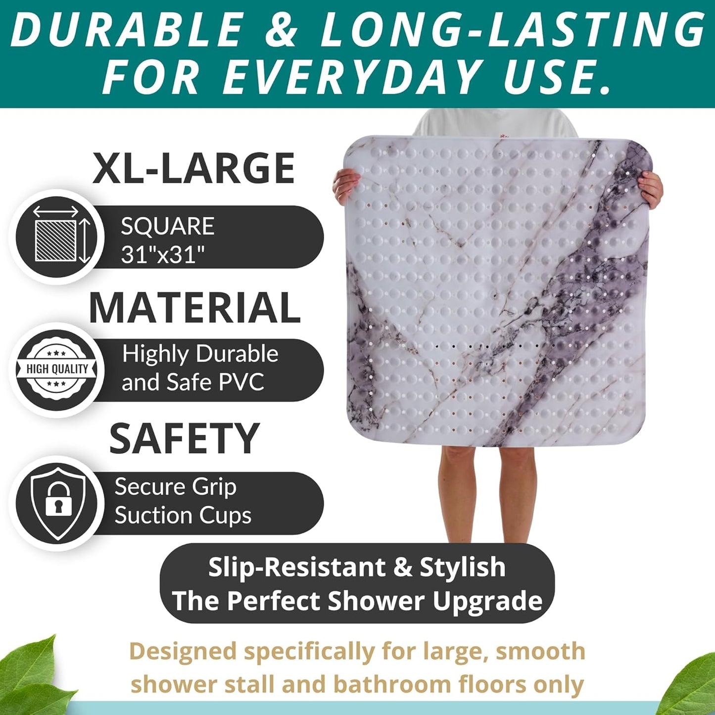 ENKOSI Extra Large Square Non Slip Shower Mat - 31 x 31-inch XL Bathroom Shower Mat - Square Shower Matts for Shower Stall Floors - Secure Suction Cups and Drain Holes (31x31 Marble Grey)