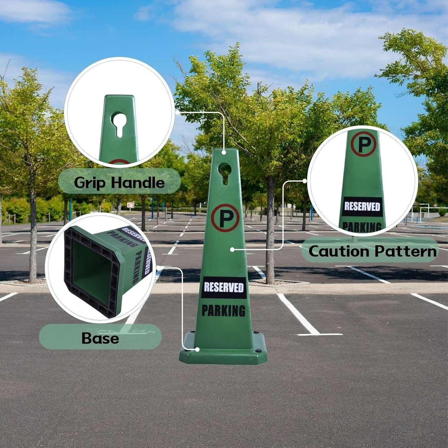 4-Pack 26.5" Caution Cones, 4-Sided Visible Safety Signs with Heavy Rubber Base, Warning for Slip & Fall Prevention, Indoor/Outdoor Use (Green, 4Pcs-Reserved Parking)