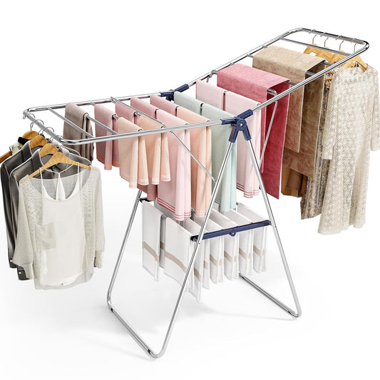 APEXCHASER Clothes Drying Rack, Stainless Steel Drying Rack Clothing with Height-Adjustable, Foldable Gullwings Laundry Drying Rack, Indoor Outdoor Use, No Assembly