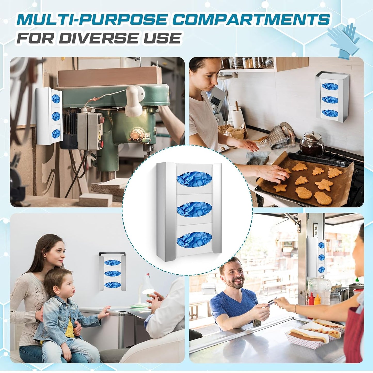 Blulu 2 Pack Glove Box Holder/Dispenser Stainless Steel Triple Wall Mounted Glove Box Organizer, 9.84"H x 14.96"W x 3.74"D