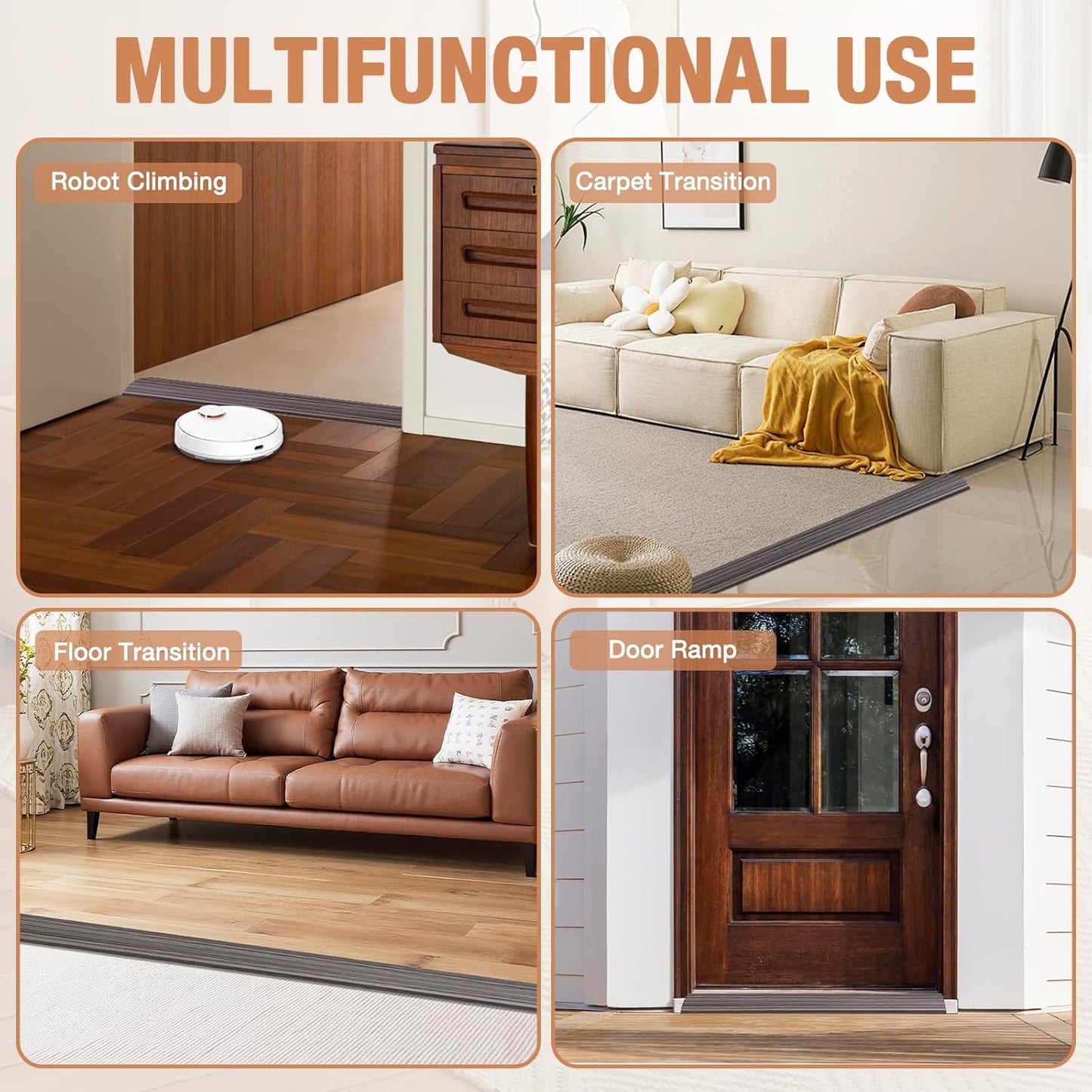 Floor Transition Strip Self Adhesive Vinyl Door Threshold for Doorways Carpet Edging Trim Overlap Edge Reducer for Laminate Floor, Carpet, Tile (Grayish Brown Wood Grain, 2/5" to 3/5", 6.6Ft)