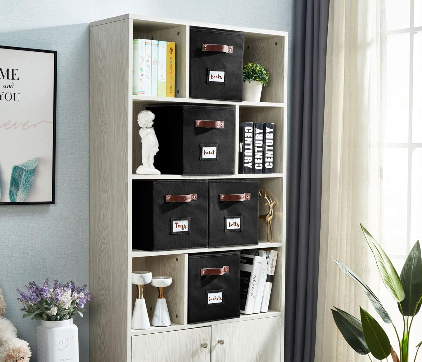 DECOMOMO Storage Bins, Cube Storage Bin with Labels, Fabric Storage Cubes for Shelves (10.5" x 11" / 6pcs, Black)