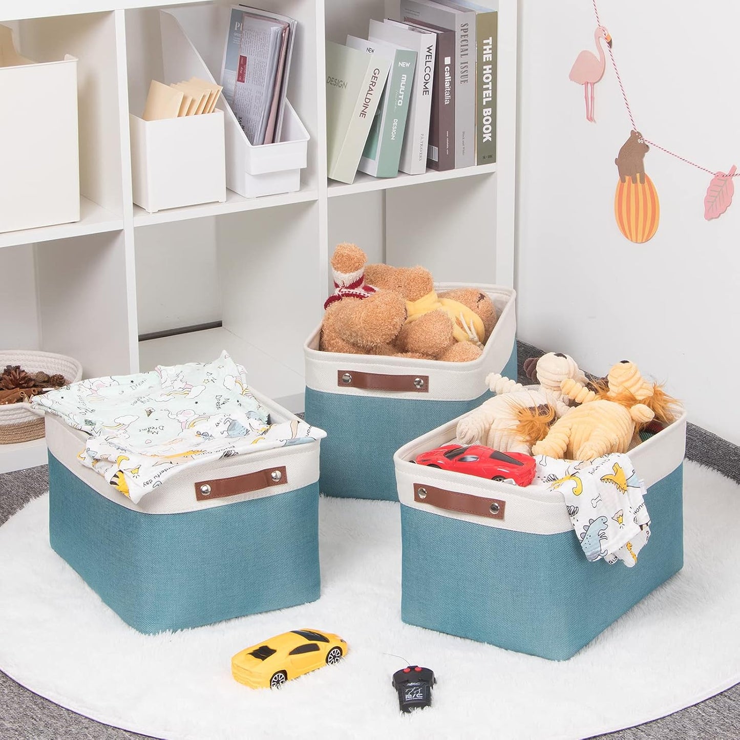 HNZIGE Storage Baskets Bins (3 Pack) Large Shelf Baskets for Clothes, Decorative Storage Bins with Handles, Canvas Collapsible Storage Bins for Organizing Storage (Gray&Teal, 15" X 11" X 9.5")