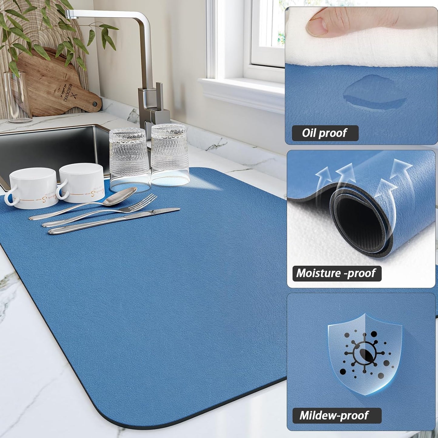 Dish Drying Mat for Kitchen Counter, Heat Resistant Drainer Mats with Non-slip Rubber Backed, Hide Stain Kitchen Super Absorbent Draining Mat, Easy to Clean Dish Rack Pad, Blue 18"x28"