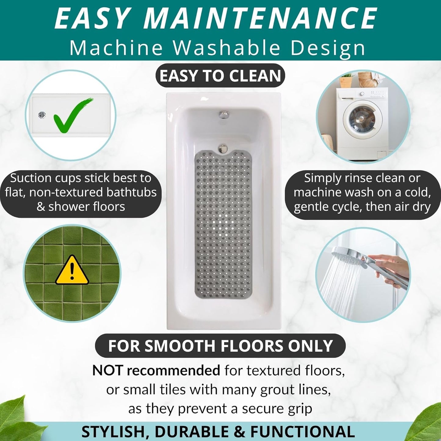 ENKOSI Bathtub Mat – 40 x 16 Inch Extra Long Non Slip Shower Mat – Anti Slip Grey Bath Mat with Suction Cups and Drain Holes – Bathroom Mat for Smooth Tubs and Shower Floors (40x16 Clear Grey)