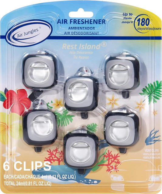 Air Jungles Rest Island Scent Car Air Freshener Clip, 6 Vent Clips, 4ml Each, Long Lasting Air Freshener, Up to 180 Days Car Refresher Odor Eliminator