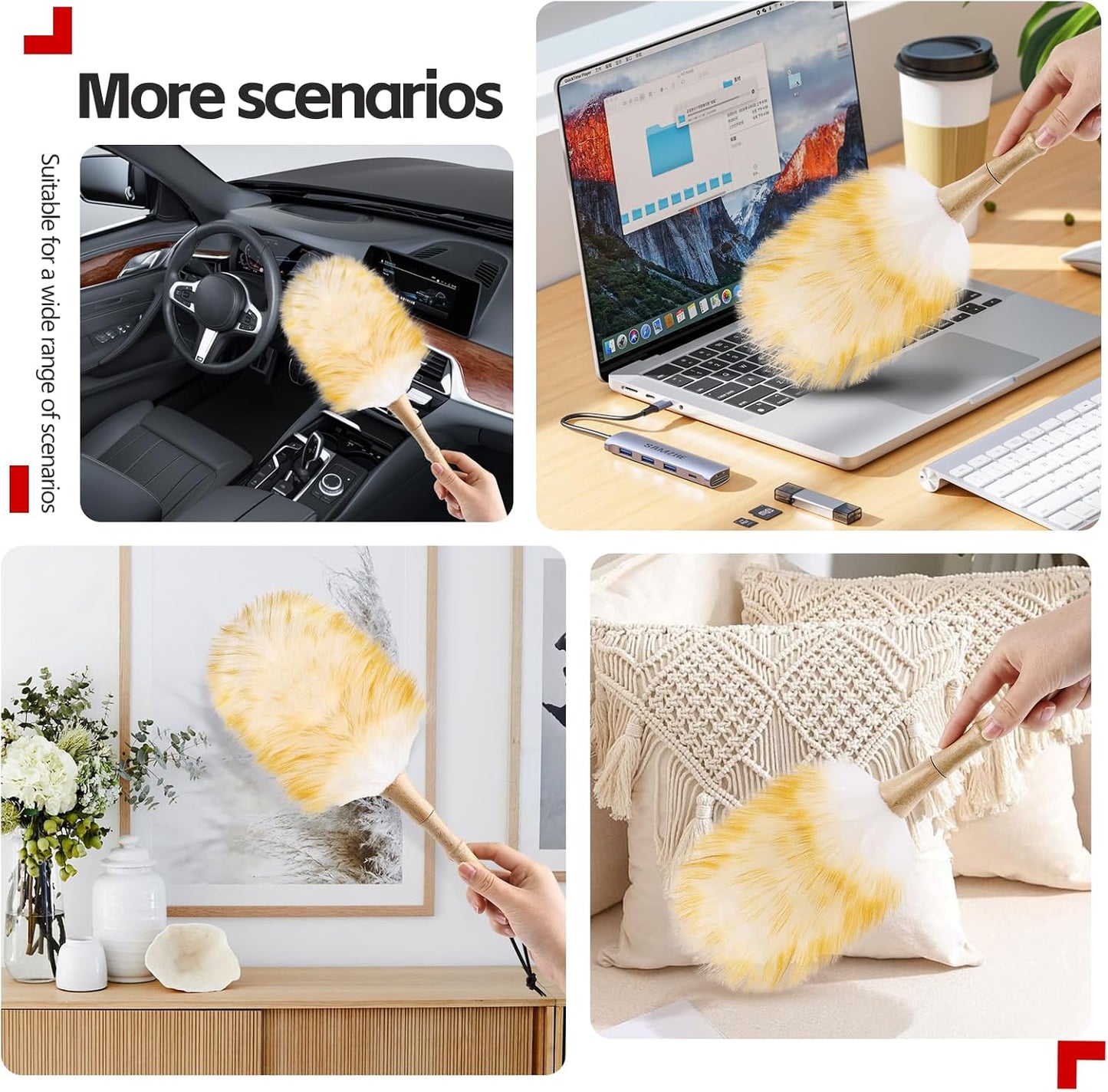 Lambswool Duster for Cleaning with Solid Wooden Handle Leather Hang Strap 14.9 inch Natural Feather Duster for Cleaning Ceiling Fans Window Blinds Computer Furniture(2 Pack)