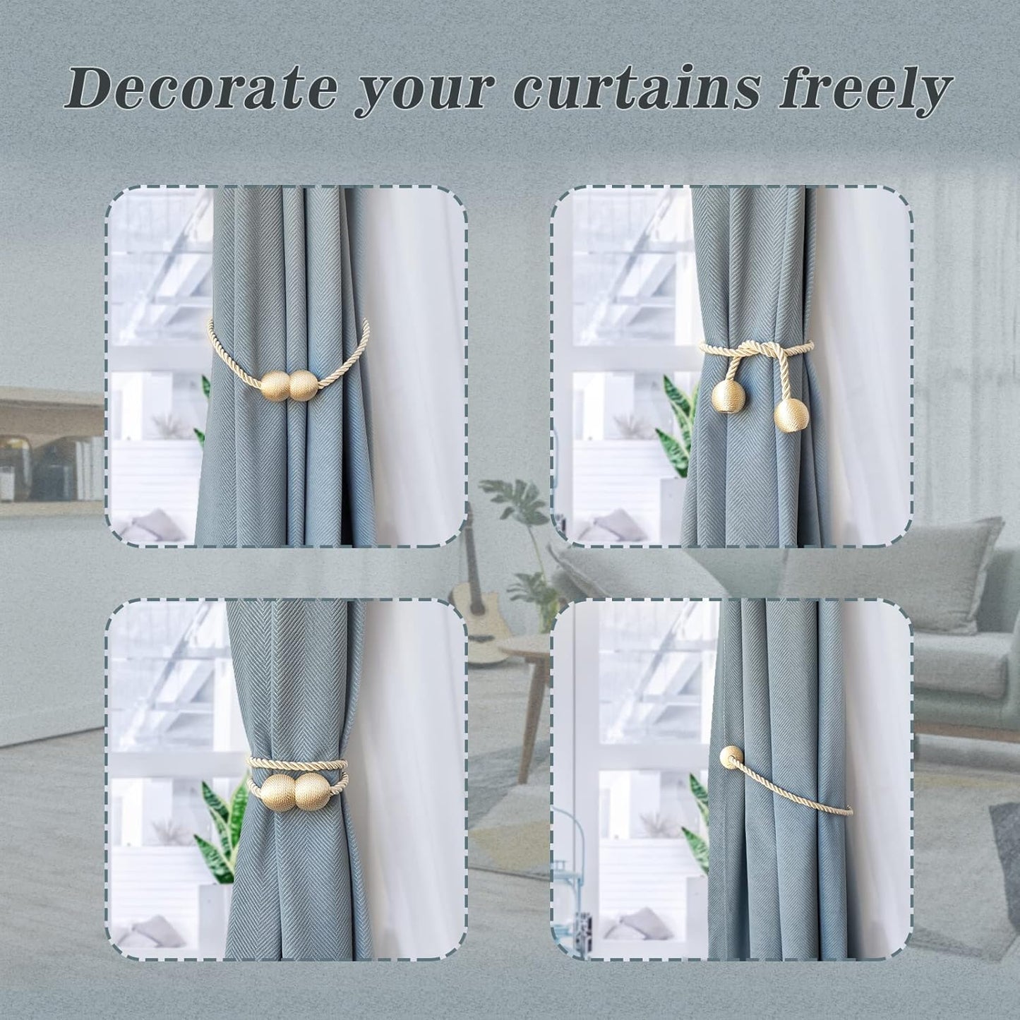 Hion Magnetic Curtain Tiebacks Beige 4 Pack, Curtain Tiebacks Buckles Holdbacks Holders Hooks Clip for Home Bedroom Office Decorative Thick or Thin Curtain