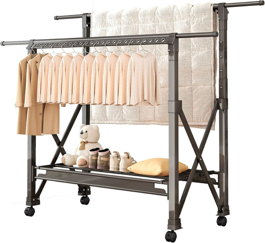 Heavy Duty Rolling Clothing Rack with Wheels, Portable Double Rod Metal Garment Rack, Clothes Drying Hanging Organizer for Laundry, Storage, Freestanding Adjustable Coat Hanger (Extendable, Grey)