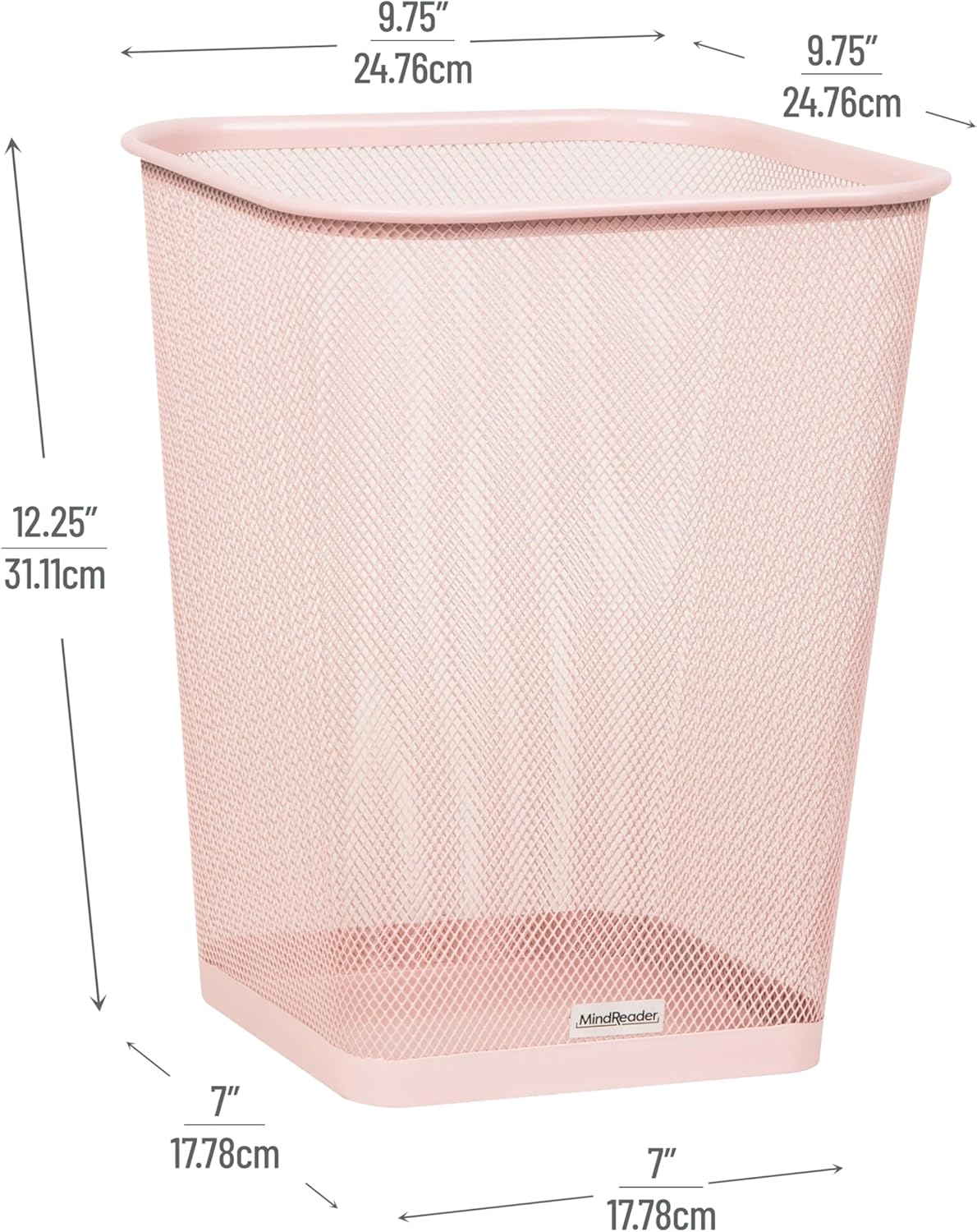 Mind Reader Mesh Trash Can, Square Wastebasket for Office or Home, 5 Gallon Capacity, Metal Mesh, Set of 2, Pink