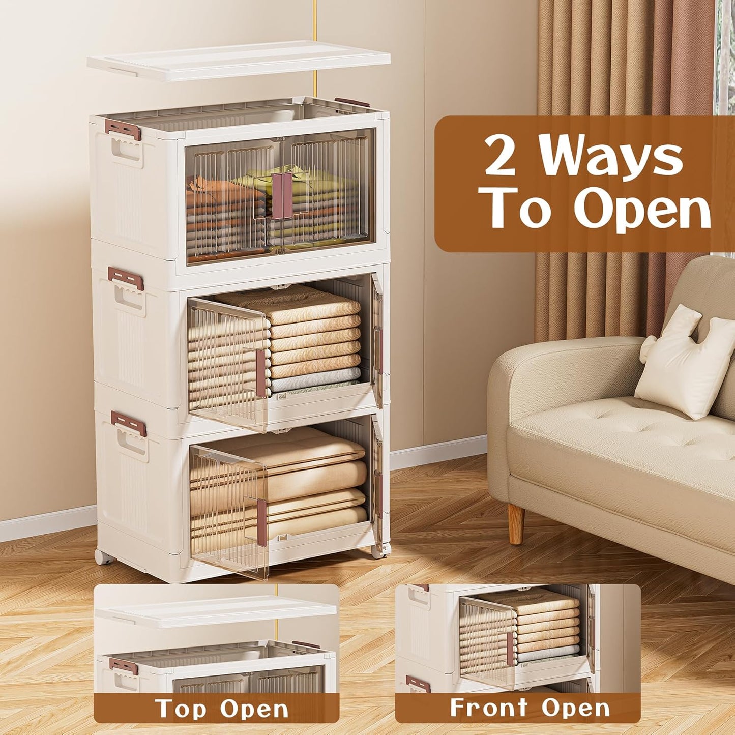 45GAL/180QT 3 Tier Large Stackable Storage Bins with Lids and Wheels, Collapsible Storage Bins Plastic with Doors, Suitable for Clothes, Closet, Home and Office