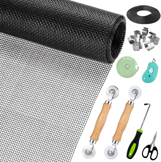 Window Screen Replacement,Screen Door Repair Kit, 48"x178" Black Window Screen Mesh,Including 50 FT Splines+Hooks+2 Rollers+8 Clips+Scissors+Knife+Tape Measure,Fully Equipped Window Screen Repair Kit