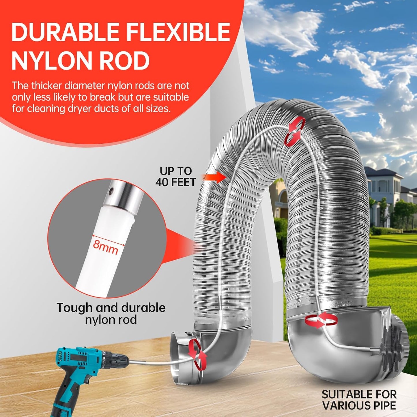 BLuesea Dryer Vent Cleaner Kit, 15-Piece Ultimate Dryer Cleaning Kit Include 40 Feet Dryer Vent Brush, Upgrade Noiseless Dryer Lint Vacuum Attachment, Lint Trap Brush, Vacuum & Dryer Adapters