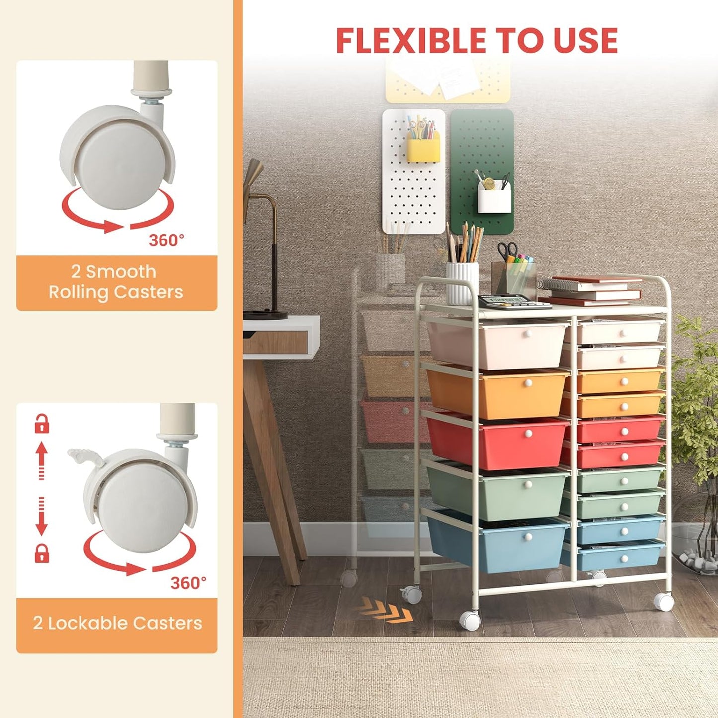 GOFLAME 15-Drawer Rolling Storage Cart, Multipurpose Movable Organizer, Utility Cart for Home, Office, School, Macaron Color