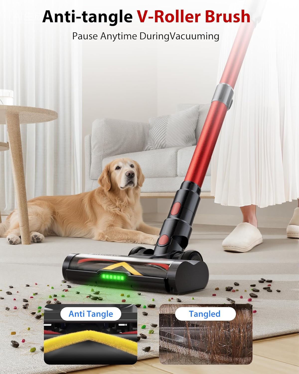 Cordless Vacuum Cleaner, 75Mins/48KPa/580W Self-Standing Vacuum Cleaners for Home, with Anti-Static&Anti-Tangle Brush, LED Touch Screen, Stick Vacuum for Carpets, Pet Hair, Hardwood Floors