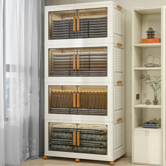 4 Tier Extra Large Stackable Storage Bins with 1 Lid 205 QT/Tier, Collapsible Plastic Box Storage Bin with Wheels, Home Containers Boxes Closet Organizers for Living Room, Office, Dorm