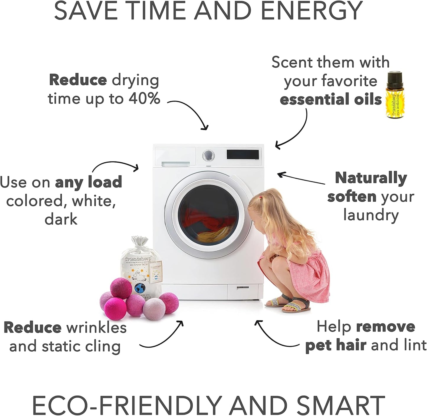 Friendsheep Wool Dryer Balls 6 Pack XL Organic Premium Reusable Cruelty Free Handmade Fair Trade No Lint Fabric Softener - Pink Valentine