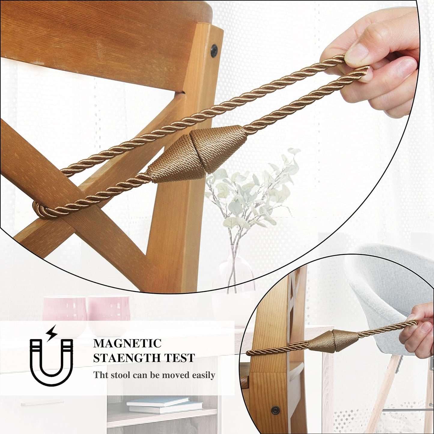 6 Pack Magnetic Curtain Tiebacks Rope Modern Handmade Curtain Tie Backs Decorative Drapes Weave Holdbacks for Window Décor, Khaki