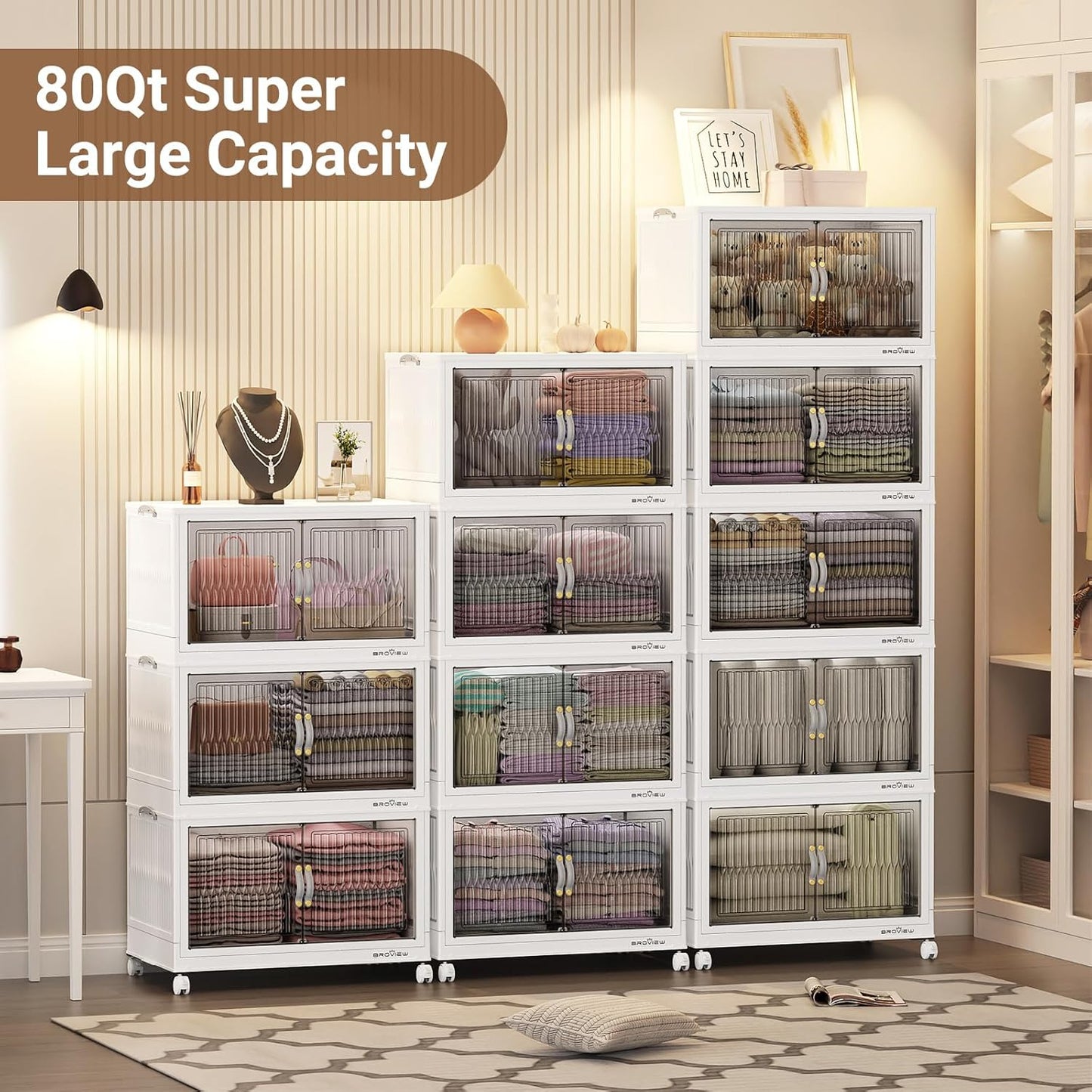 BROVIEW 240Qt Stackable Storage Bins with Lid, Extra Large Closet Organizer Collapsible Drawer Boxes with Wheels, Folding Plastic Cabinet Containers for Home Kitchen Room Organization, 3Pack White