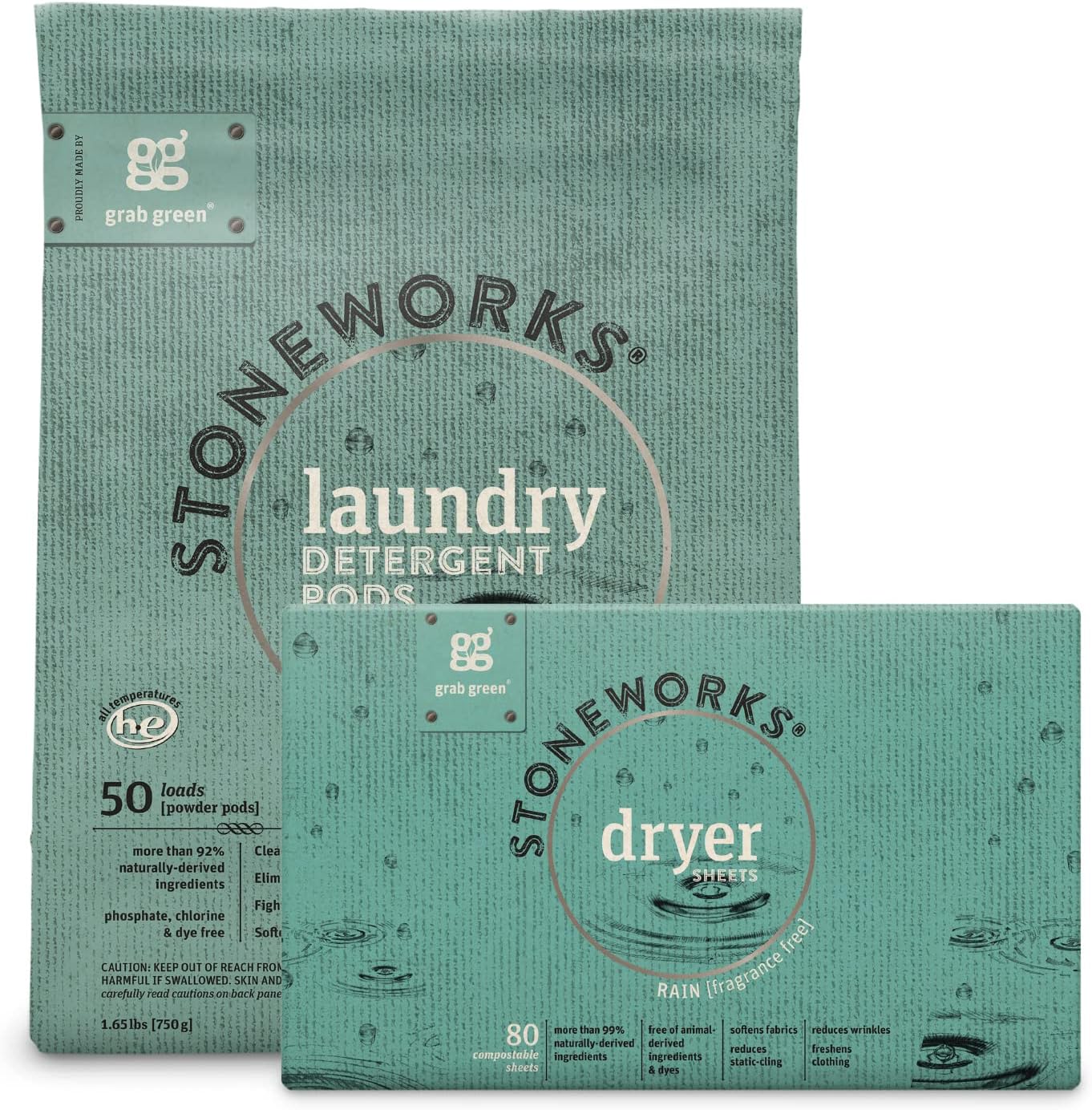 Grab Green Stoneworks Laundry Detergent Pods and Dryer Sheet Bundle, 50 Count Pods and 80 Dryer Sheets, Fragrance Free Rain Scent, Plant and Mineral Based Laundry Care Set