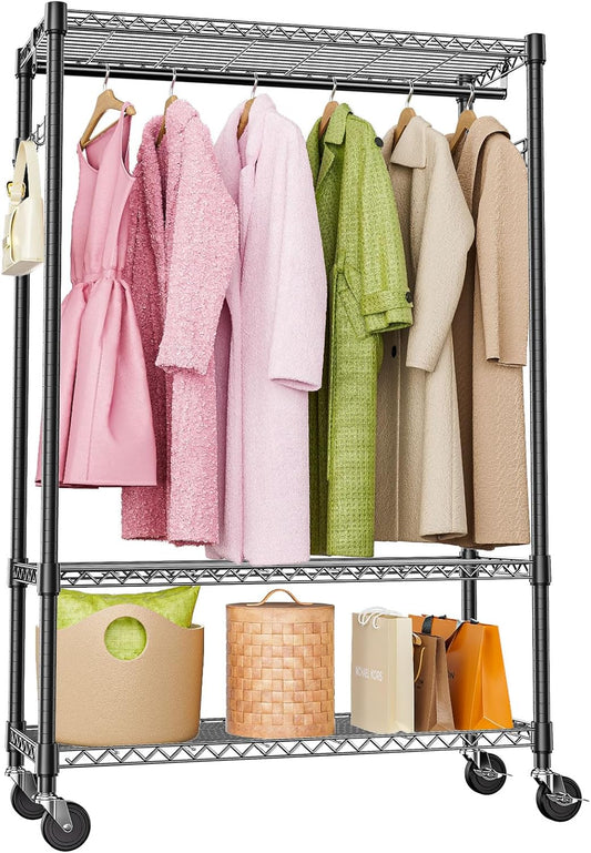Heavy Duty Rolling Garment Rack 3 Tiers Adjustable Wire Shelving Clothes Rack with 1 Rods and Side Hooks,Storage Closet Clothing Rack with Wheels Black 15.7" D x 45.3" W x 75.6" H