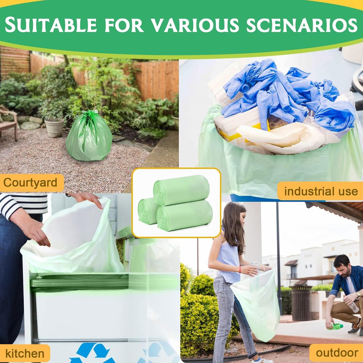 Biodegradable Compost Recycling Trash Bags, Compostable 13 Gallon Plastic Trash Bags For Kitchen, 50 Count, 1.2 Mils,60 Liter, Recyclable Composta Large Heavy Duty Garbage Bag