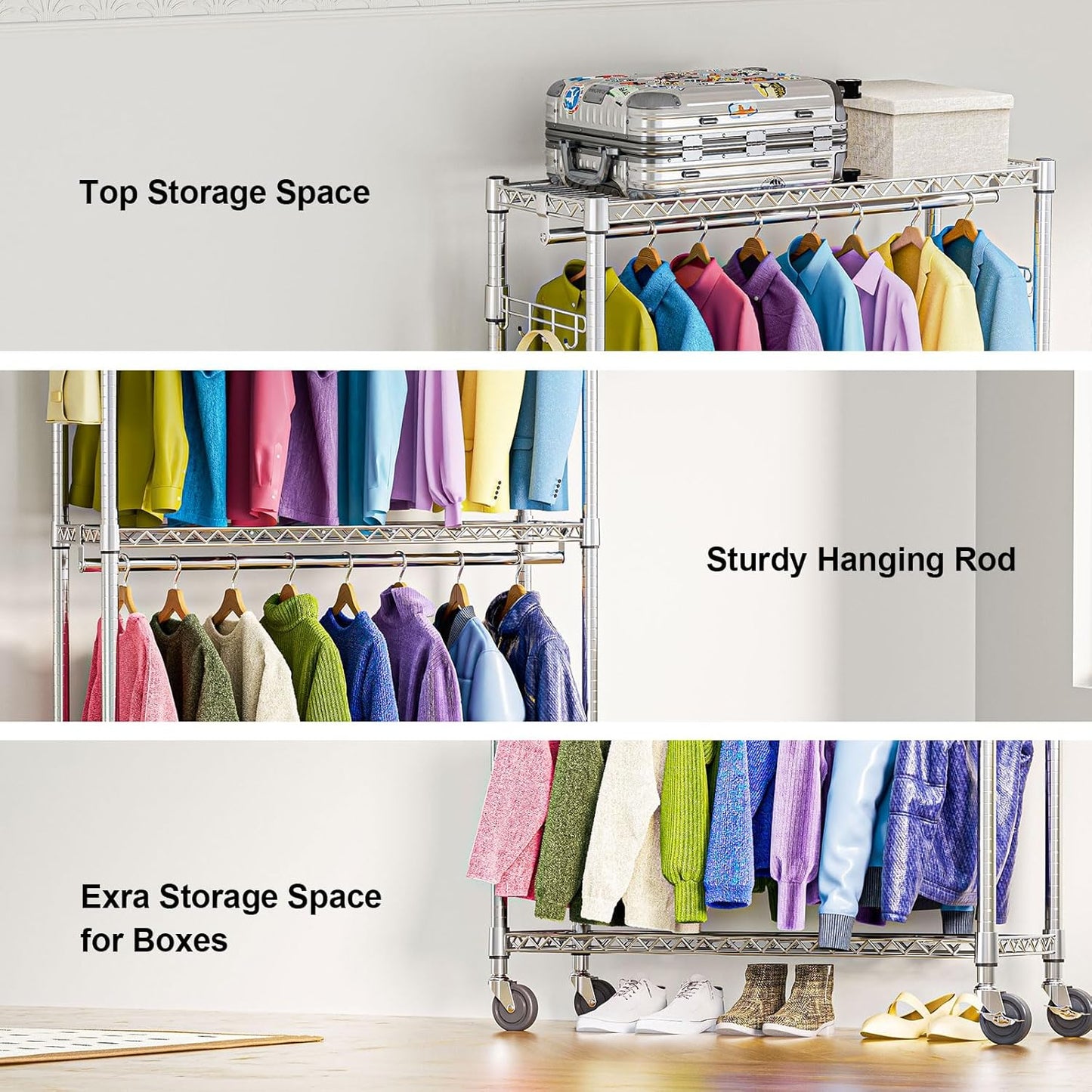Heavy Duty Rolling Garment Rack 3 Tiers Adjustable Wire Shelving Clothes Rack with 2 Rods and Side Hooks,Storage Closet Clothing Rack with Wheels Chrome 15.7" D x 45.3" W x 79.6" H