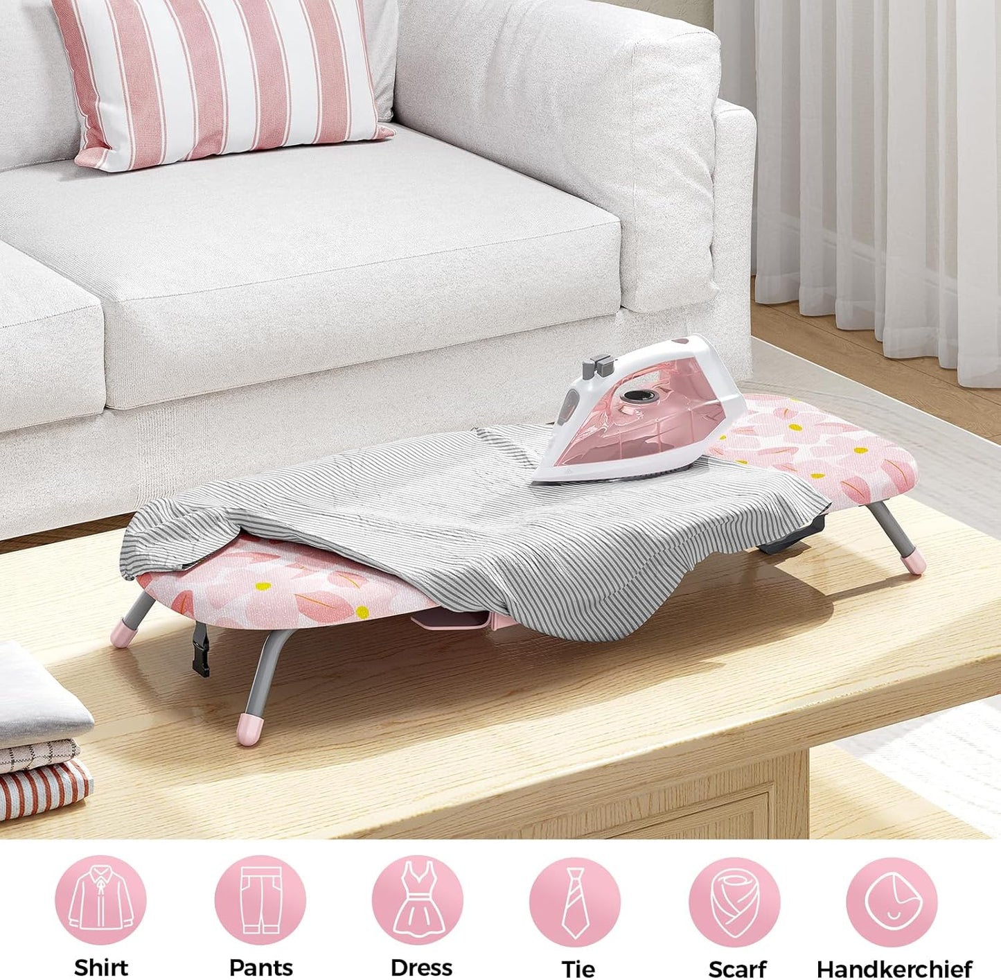 APEXCHASER Small Ironing Board with Iron Holder, Compact Iron Board with Non-Slip Feet, Portable Tabletop Ironing Board with Cotton Cover for Small Spaces and Travel, Pink
