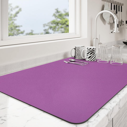 Dish Drying Mat for Kitchen Counter | Coffee Bar Mat for Countertops | Heat Resistant Drainer Mat with Non-slip Rubber Backed | Hide Stain Kitchen Absorbent Draining Mat | Purple 18"x24"