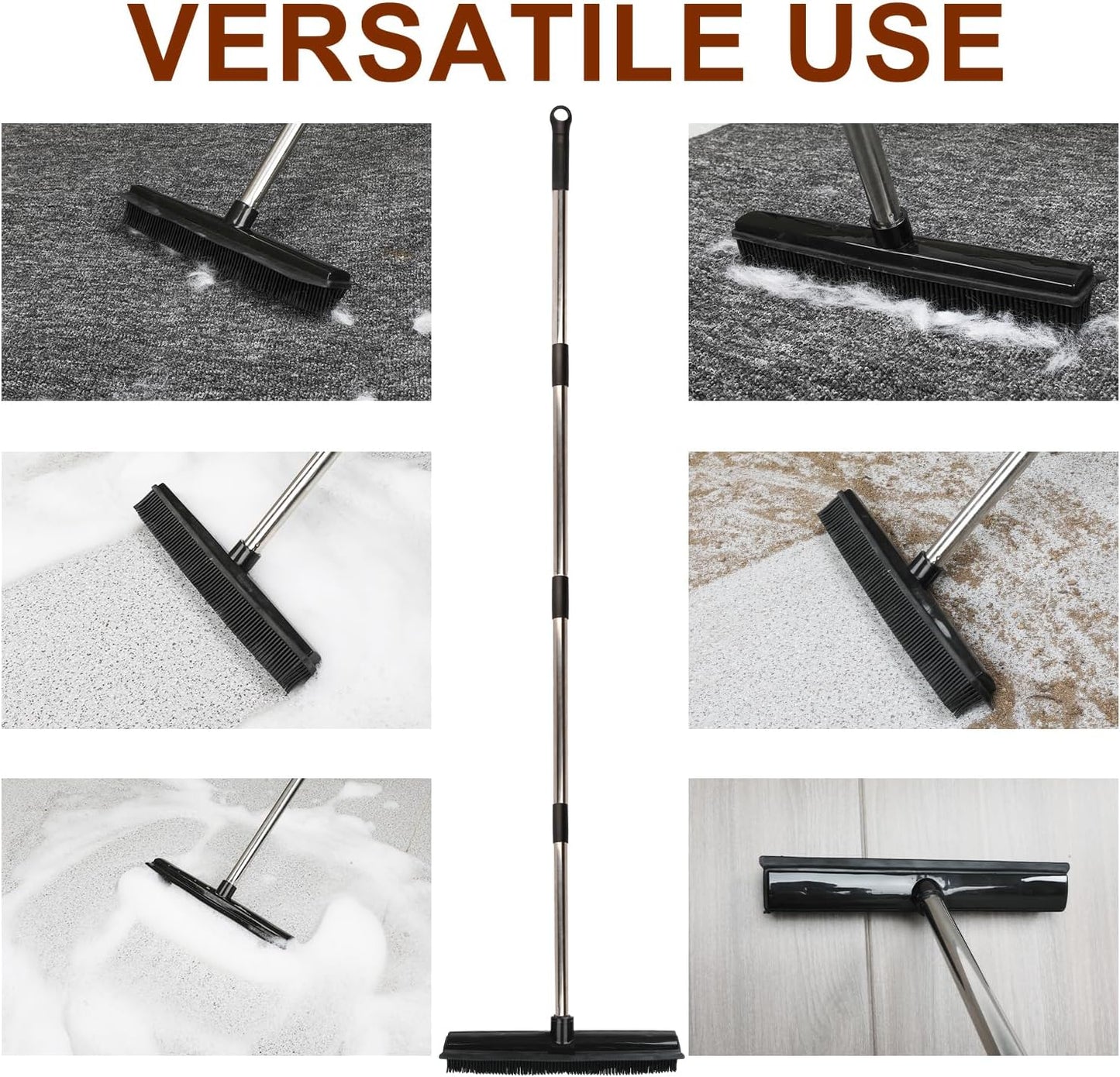 Rubber Broom and Pet Hair Removal Brush Set for Carpet,Fur Remover Rake with Squeegee,Lint Brush for Pet Dog Cat Hair